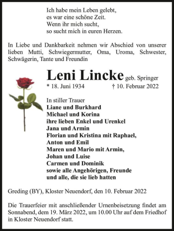 Traueranzeige von Leni Lincke (geb. Springer)  von Magdeburger Volksstimme