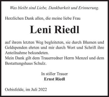 Traueranzeige von Leni Riedl  von Magdeburger Volksstimme