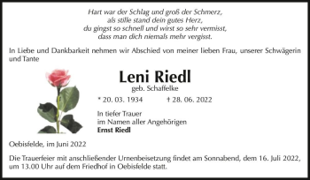 Traueranzeige von Leni Riedl (geb. Schaffelke)  von Magdeburger Volksstimme