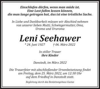 Traueranzeige von Leni Seehawer  von Magdeburger Volksstimme