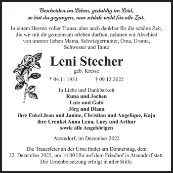 Traueranzeige von Leni Stecher (geb. Kresse)  von Magdeburger Volksstimme