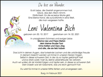 Traueranzeige von Leni Valentina Bich  von Magdeburger Volksstimme