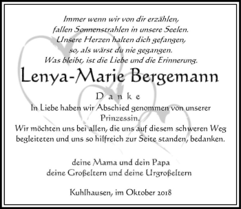 Traueranzeige von Lenya-Marie Bergemann  von Magdeburger Volksstimme