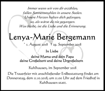 Traueranzeige von Lenya-Marie Bergemann  von Magdeburger Volksstimme