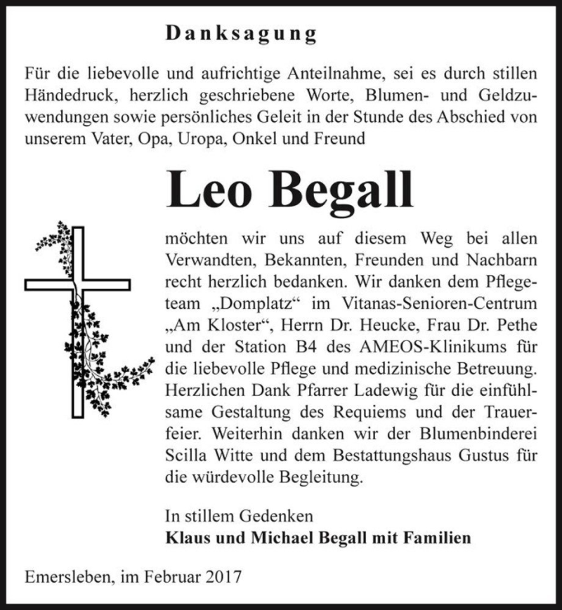  Traueranzeige für Leo Begall  vom 04.03.2017 aus Magdeburger Volksstimme
