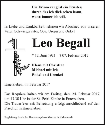 Traueranzeige von Leo Begall  von Magdeburger Volksstimme