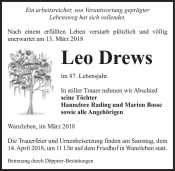 Traueranzeige von Leo Drews  von Magdeburger Volksstimme