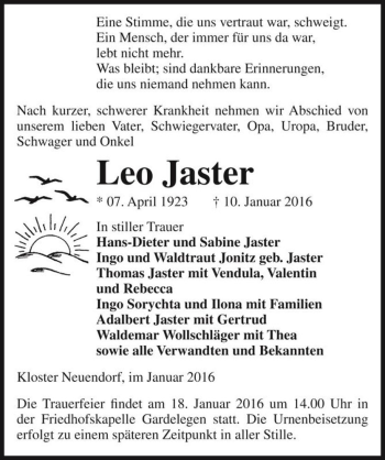 Traueranzeige von Leo Jaster  von Magdeburger Volksstimme