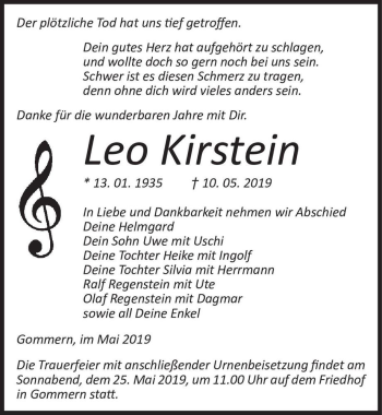 Traueranzeige von Leo Kirstein  von Magdeburger Volksstimme
