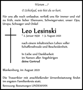 Traueranzeige von Leo Lesinski  von Magdeburger Volksstimme