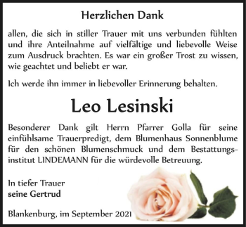 Traueranzeige von Leo Lesinski  von Magdeburger Volksstimme