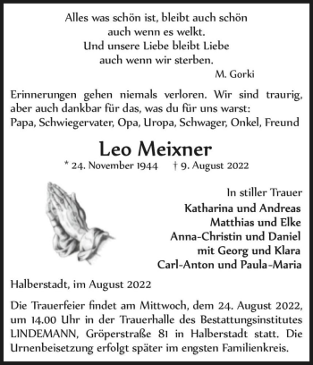 Traueranzeige von Leo Meixner  von Magdeburger Volksstimme