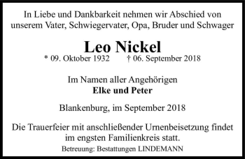 Traueranzeige von Leo Nickel  von Magdeburger Volksstimme