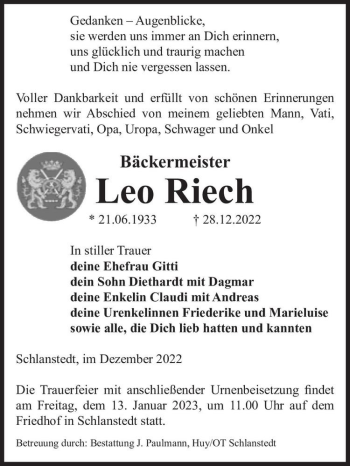 Traueranzeige von Leo Riech  von Magdeburger Volksstimme