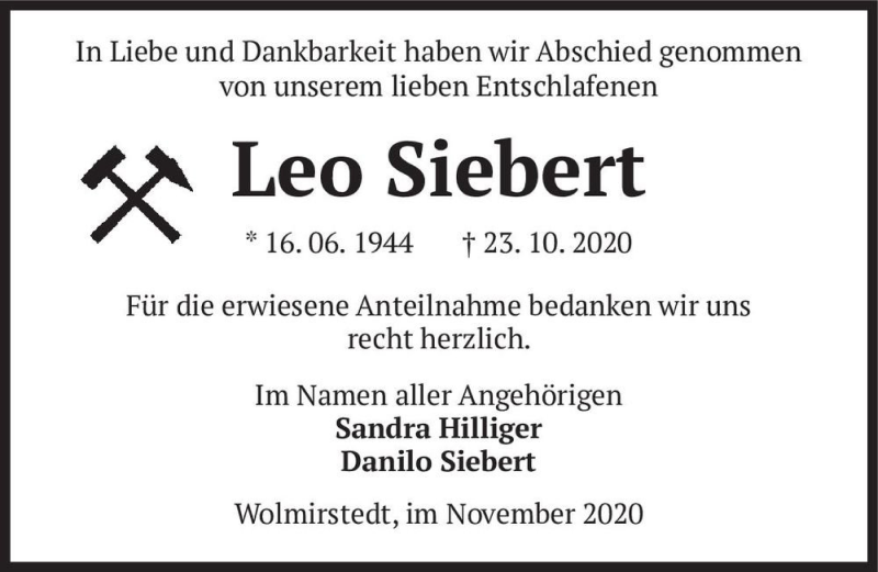  Traueranzeige für Leo Siebert  vom 21.11.2020 aus Magdeburger Volksstimme