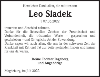 Traueranzeige von Leo Sladek  von Magdeburger Volksstimme