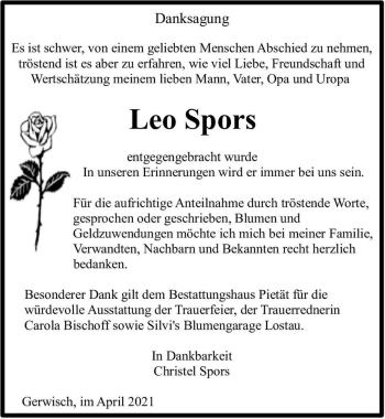 Traueranzeige von Leo Spors  von Magdeburger Volksstimme
