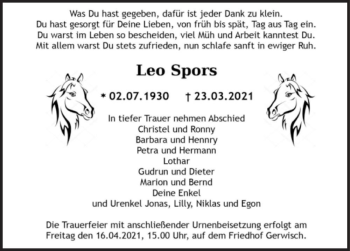 Traueranzeige von Leo Spors  von Magdeburger Volksstimme