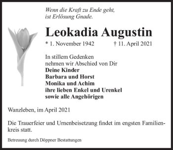 Traueranzeige von Leokadia Augustin  von Magdeburger Volksstimme