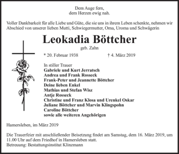 Traueranzeige von Leokadia Böttcher (geb. Zahn)  von Magdeburger Volksstimme