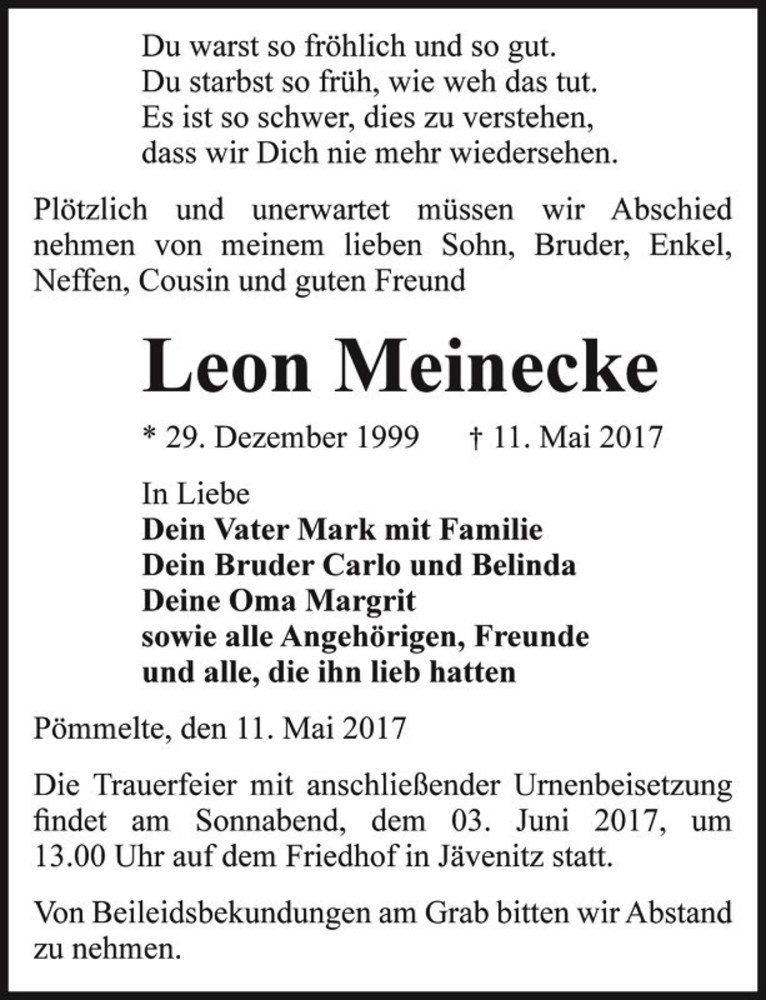  Traueranzeige für Leon Meinecke  vom 20.05.2017 aus Magdeburger Volksstimme
