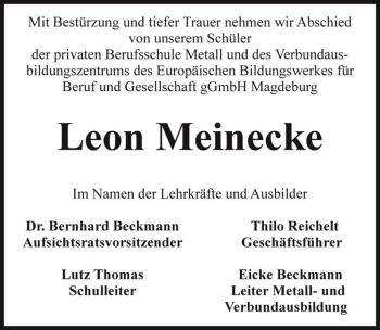 Traueranzeige von Leon Meinecke  von Magdeburger Volksstimme