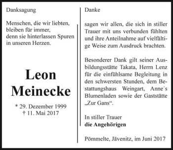 Traueranzeige von Leon Meinecke  von Magdeburger Volksstimme