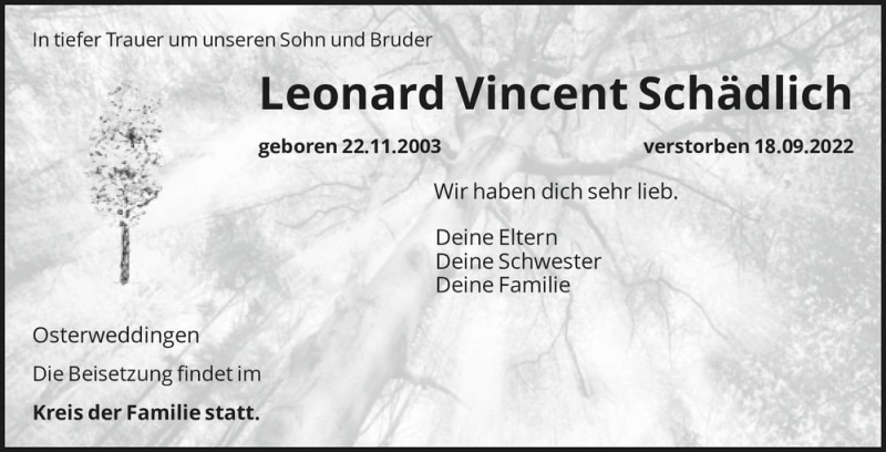  Traueranzeige für Leonard Vincent Schädlich  vom 06.10.2022 aus Magdeburger Volksstimme