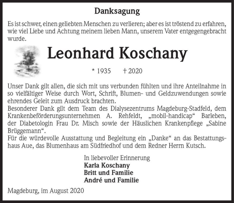  Traueranzeige für Leonhard Koschany  vom 29.08.2020 aus Magdeburger Volksstimme