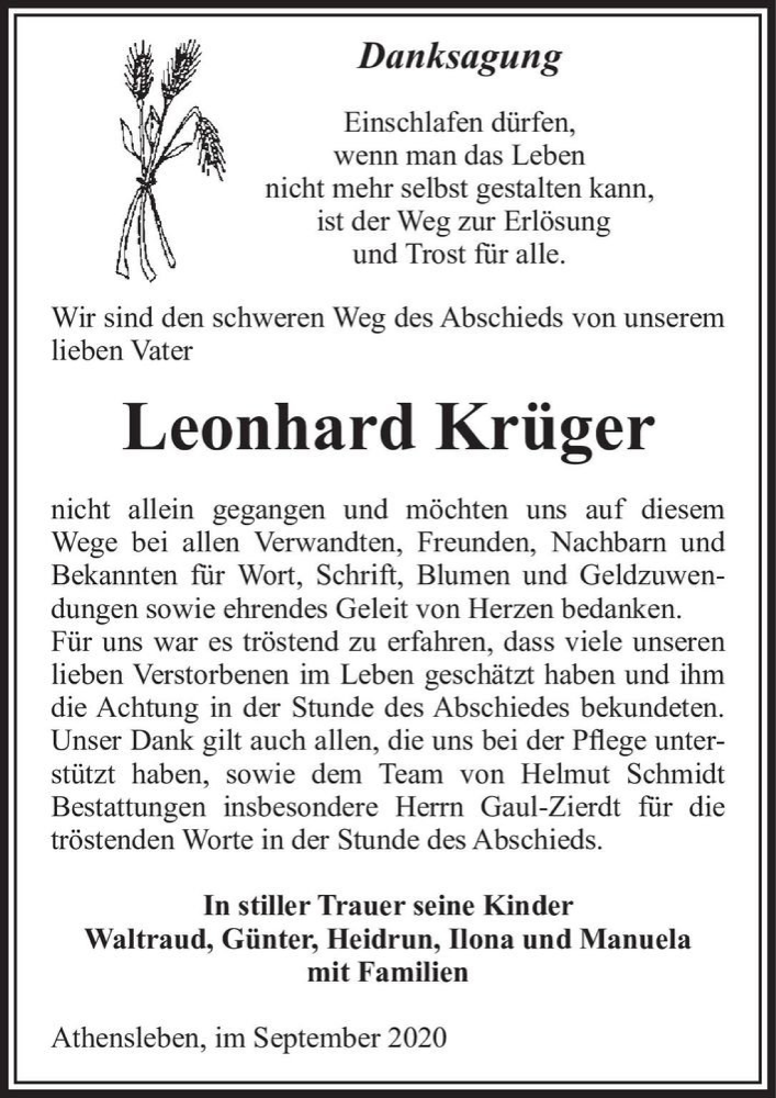  Traueranzeige für Leonhard Krüger  vom 05.09.2020 aus Magdeburger Volksstimme