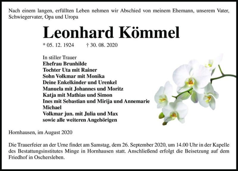  Traueranzeige für Leonhard Kömmel  vom 04.09.2020 aus Magdeburger Volksstimme