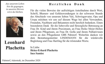 Traueranzeige von Leonhard Plachetta  von Magdeburger Volksstimme
