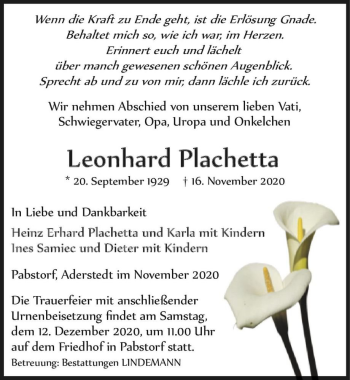 Traueranzeige von Leonhard Plachetta  von Magdeburger Volksstimme