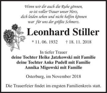 Traueranzeige von Leonhard Stiller  von Magdeburger Volksstimme