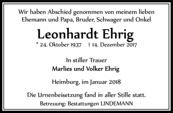 Traueranzeige von Leonhardt Ehrig  von Magdeburger Volksstimme