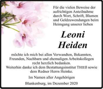 Traueranzeige von Leoni Heiden  von Magdeburger Volksstimme