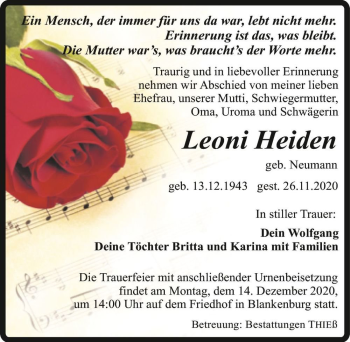 Traueranzeige von Leoni Heiden (geb. Neumann)  von Magdeburger Volksstimme