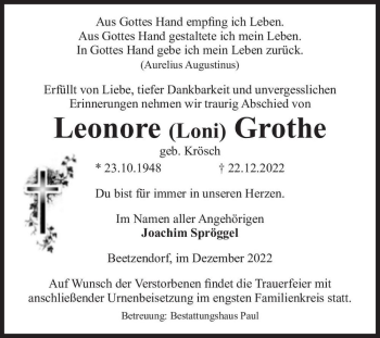 Traueranzeige von Leonore (Loni) Grothe (geb. Krösch)  von Magdeburger Volksstimme