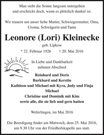 Traueranzeige von Leonore (Lori) Kleinecke (geb. Lipkow)  von Magdeburger Volksstimme
