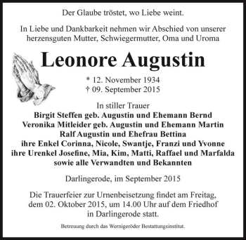 Traueranzeige von Leonore Augustin  von Magdeburger Volksstimme