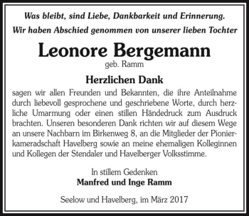 Traueranzeige von Leonore Bergemann (geb. Ramm)  von Magdeburger Volksstimme