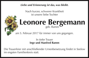 Traueranzeige von Leonore Bergemann (geb. Ramm)  von Magdeburger Volksstimme