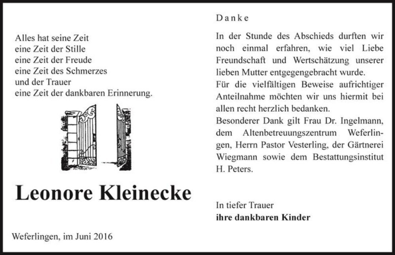  Traueranzeige für Leonore Kleinecke  vom 18.06.2016 aus Magdeburger Volksstimme