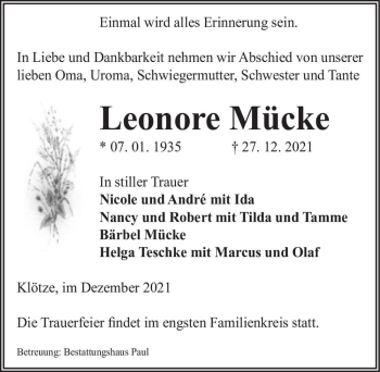Traueranzeige von Leonore Mücke  von Magdeburger Volksstimme