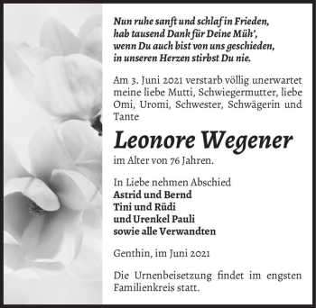 Traueranzeige von Leonore Wegener  von Magdeburger Volksstimme
