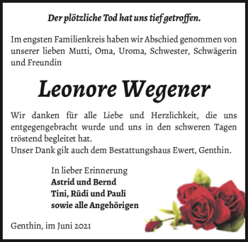 Traueranzeige von Leonore Wegener  von Magdeburger Volksstimme
