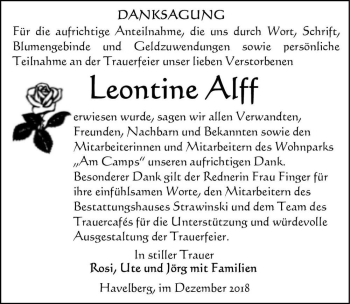 Traueranzeige von Leontine Alff  von Magdeburger Volksstimme