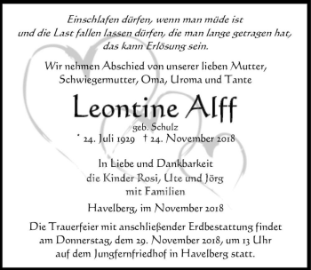 Traueranzeige von Leontine Alff (geb. Schulz)  von Magdeburger Volksstimme