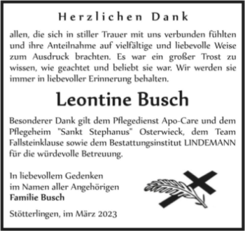 Traueranzeige von Leontine Busch  von Magdeburger Volksstimme