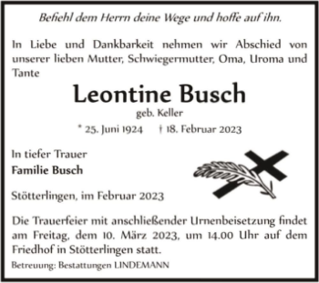 Traueranzeige von Leontine Busch (geb. Keller)  von Magdeburger Volksstimme